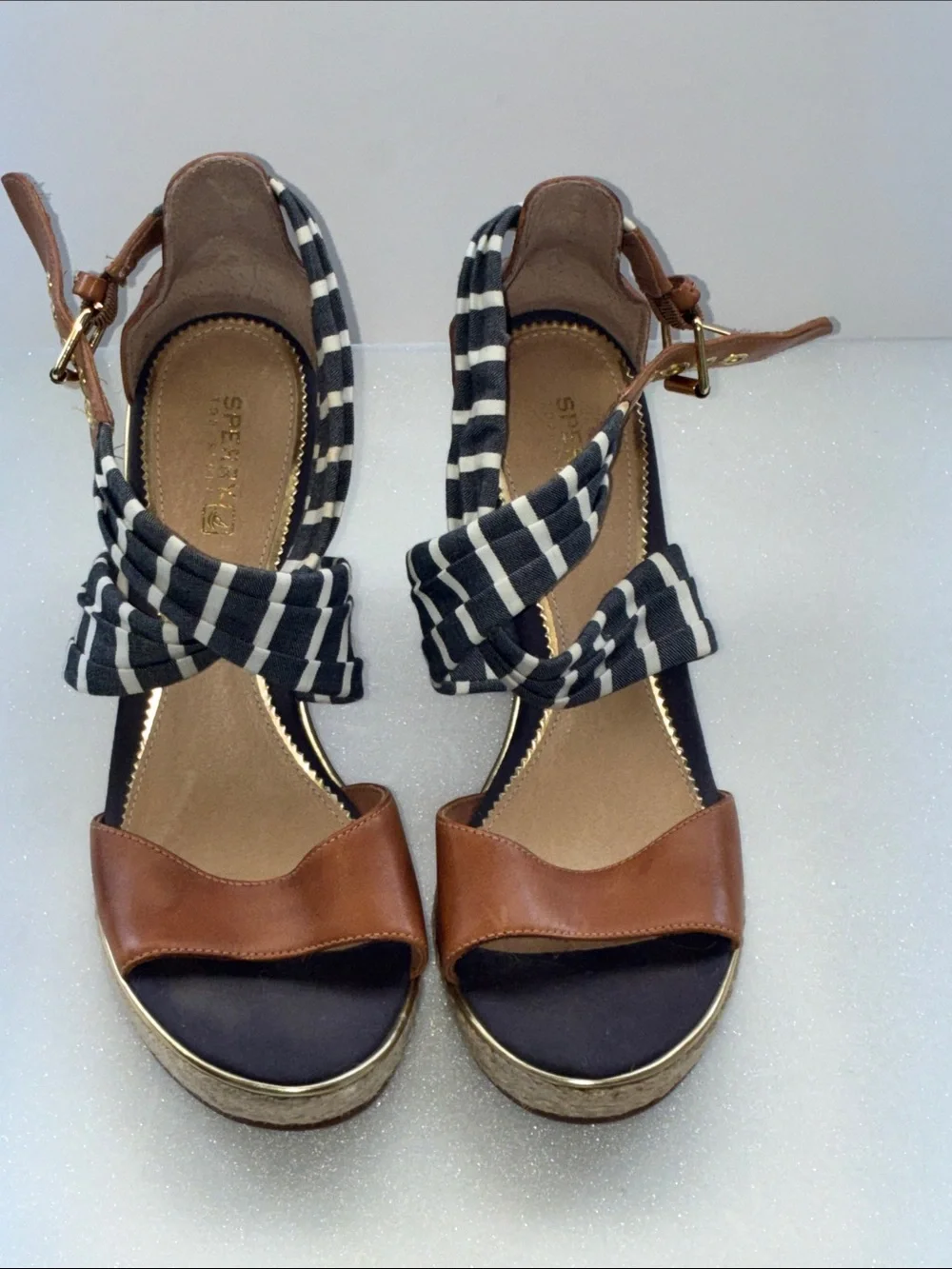 Sperry Navy Striped and Brown Leather Wedge Sandals